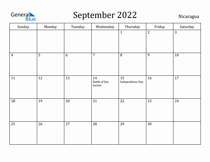 September 2022 Calendar Nicaragua