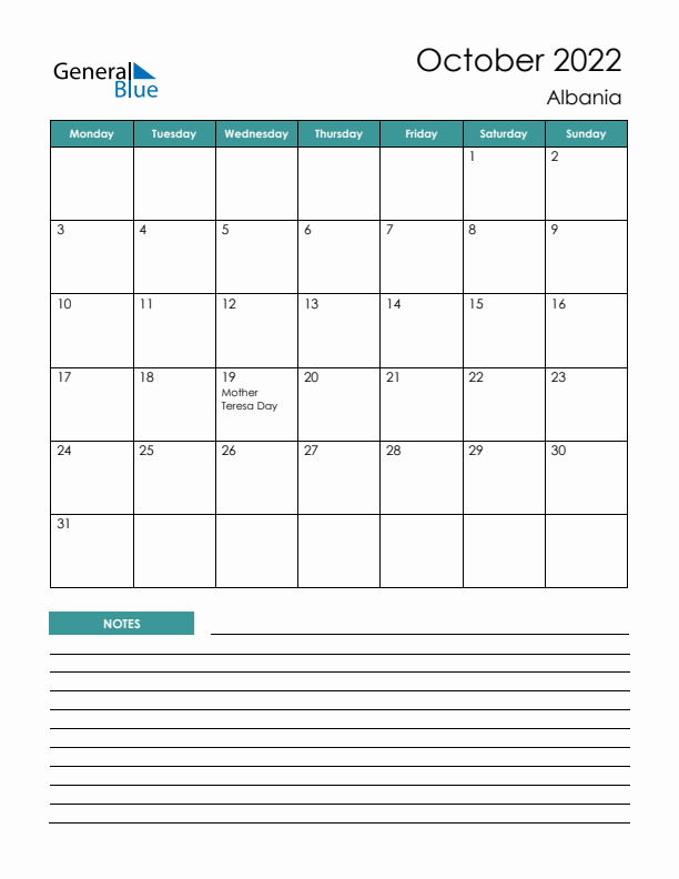 Calendar with Notes Printable - Monday Start