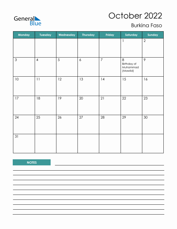 Calendar with Notes Printable - Monday Start