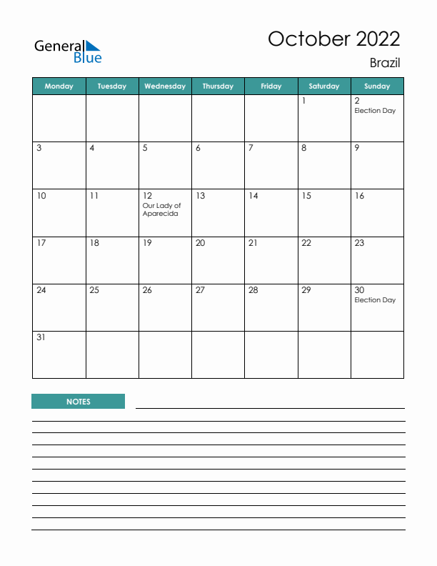 Calendar with Notes Printable - Monday Start