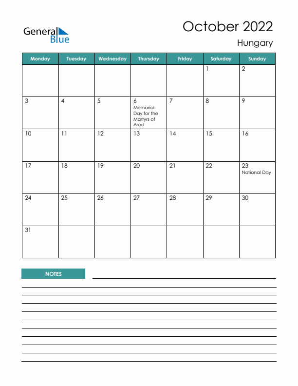 Calendar with Notes Printable - Monday Start