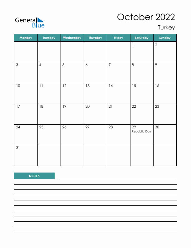 Calendar with Notes Printable - Monday Start