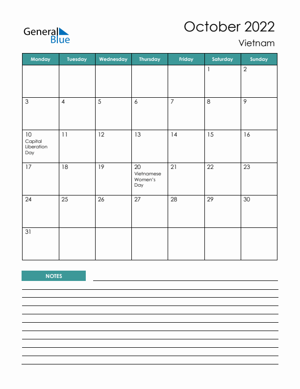 Calendar with Notes Printable - Monday Start