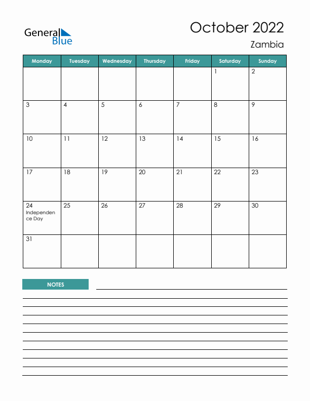 Calendar with Notes Printable - Monday Start