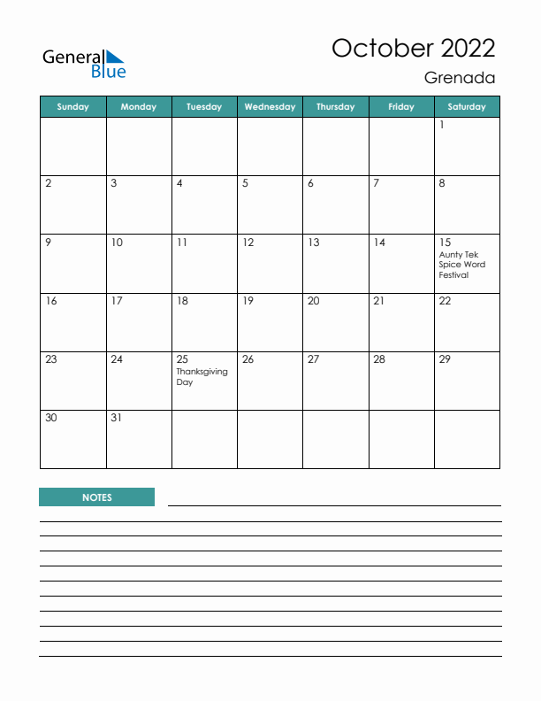 Calendar with Notes Printable - Sunday Start