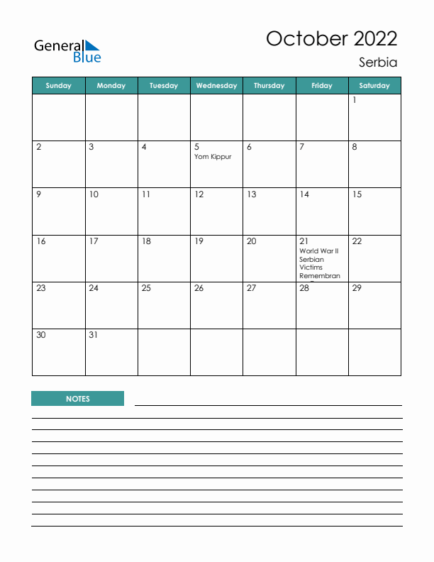 Calendar with Notes Printable - Sunday Start