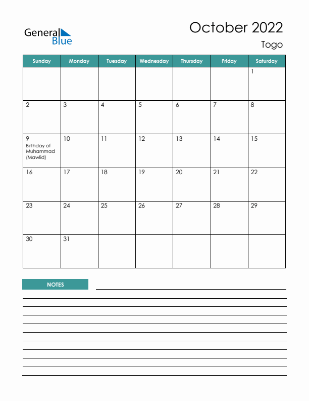 Calendar with Notes Printable - Sunday Start