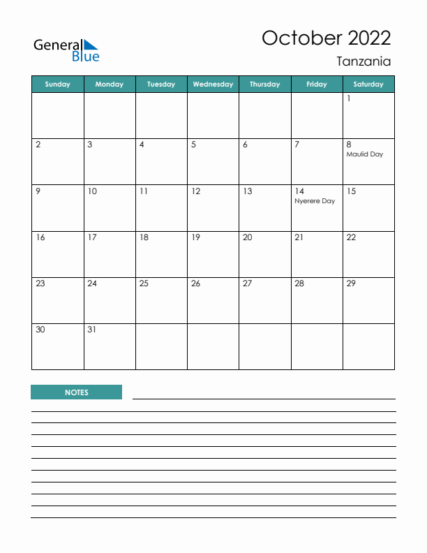 Calendar with Notes Printable - Sunday Start