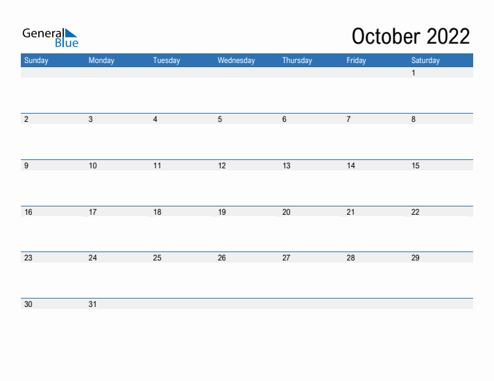 Fillable Calendar for October 2022