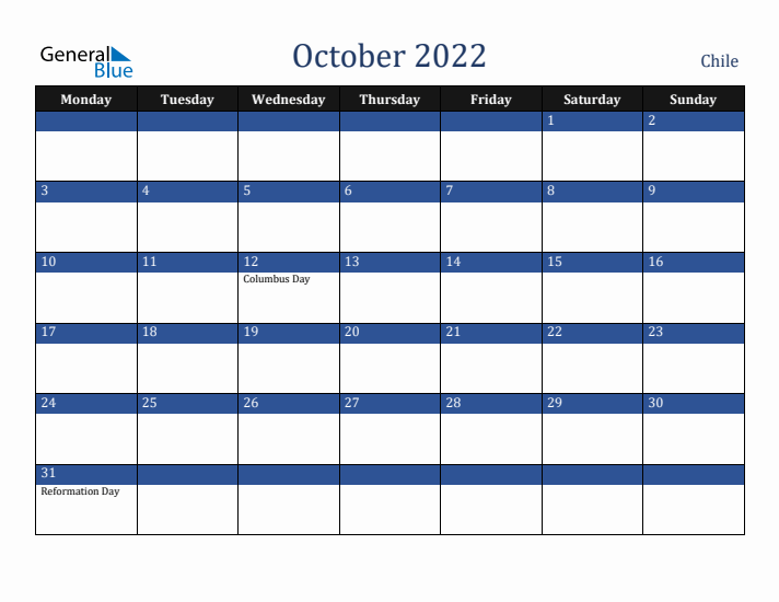 October 2022 Chile Calendar (Monday Start)