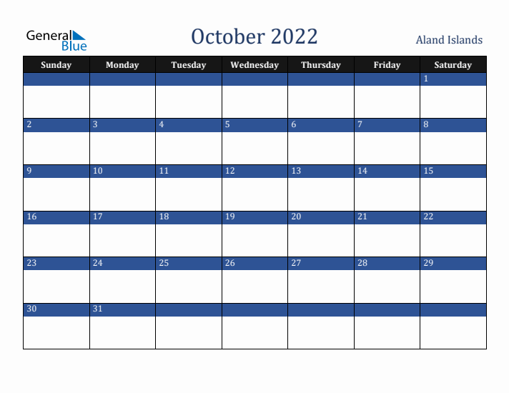 October 2022 Aland Islands Calendar (Sunday Start)