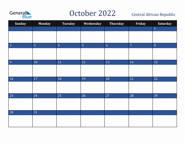 October 2022 Central African Republic Calendar (Sunday Start)