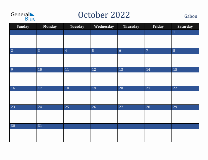 October 2022 Gabon Calendar (Sunday Start)