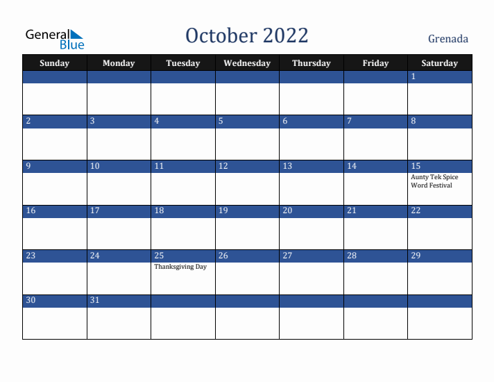 October 2022 Grenada Calendar (Sunday Start)