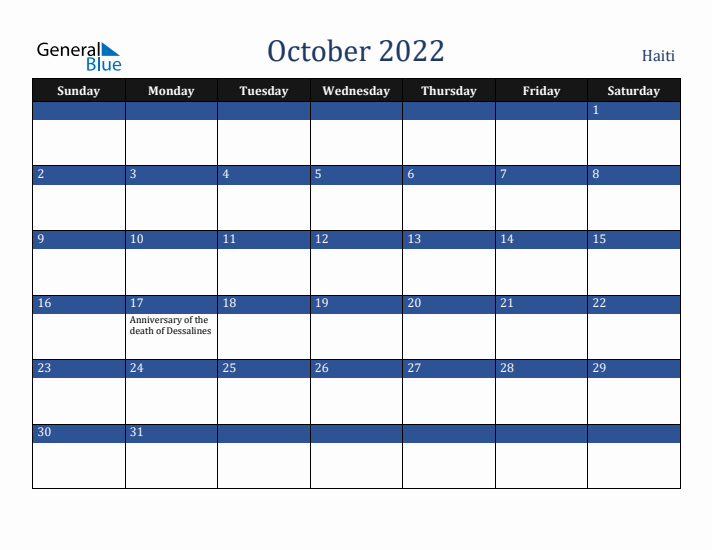 October 2022 Haiti Calendar (Sunday Start)