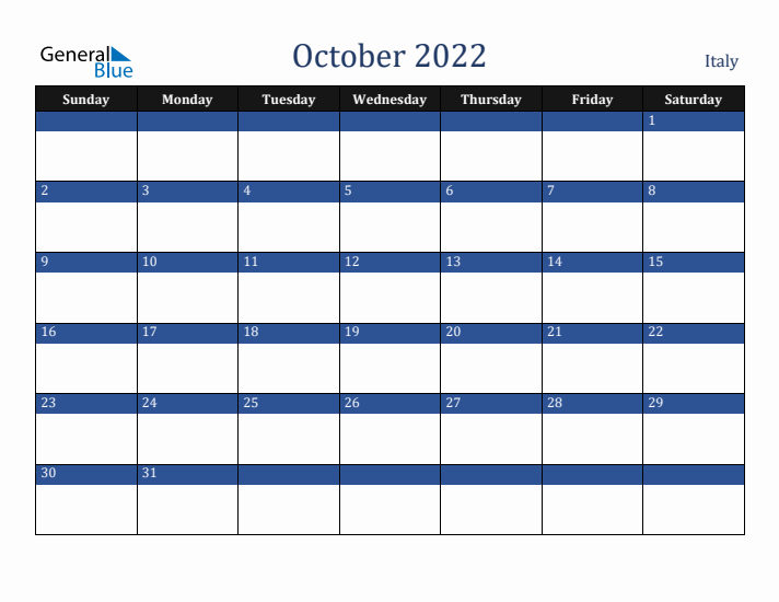 October 2022 Italy Calendar (Sunday Start)