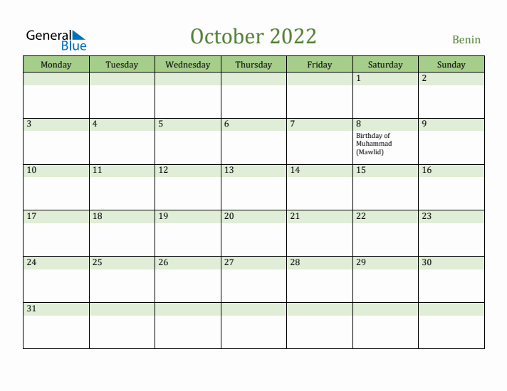 October 2022 Calendar with Benin Holidays