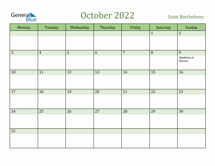 October 2022 Calendar with Saint Barthelemy Holidays