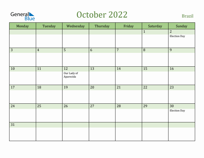 October 2022 Calendar with Brazil Holidays