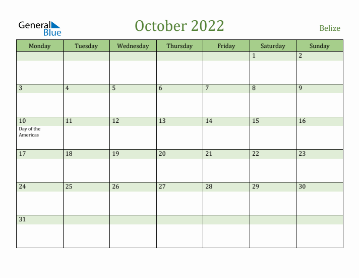 October 2022 Calendar with Belize Holidays