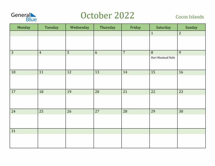 October 2022 Calendar with Cocos Islands Holidays