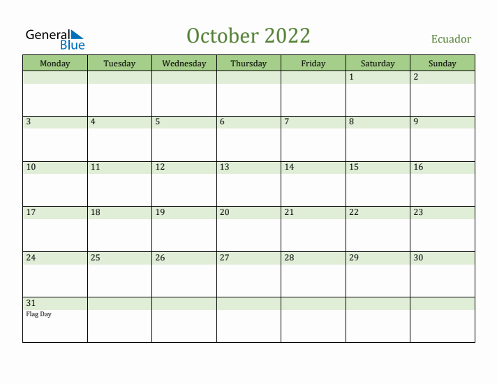 October 2022 Calendar with Ecuador Holidays