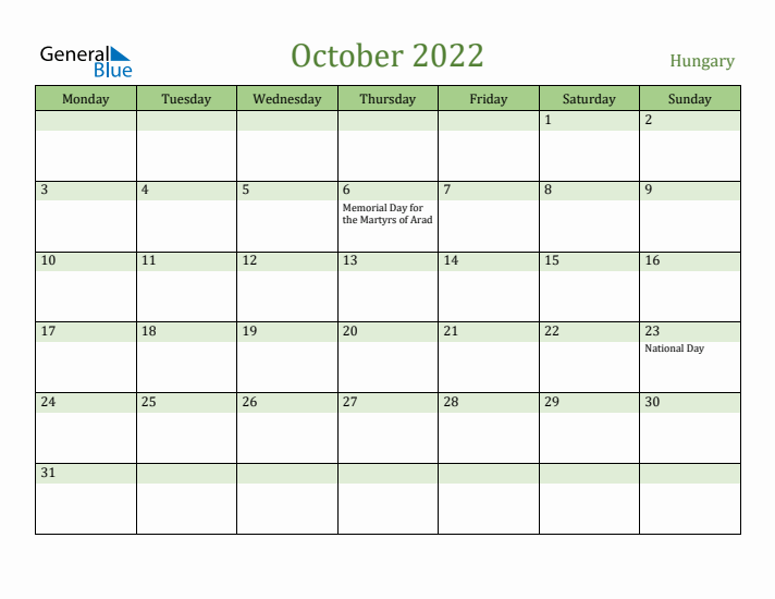 October 2022 Calendar with Hungary Holidays