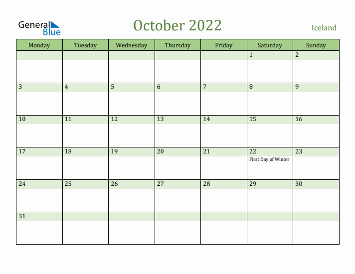 October 2022 Calendar with Iceland Holidays