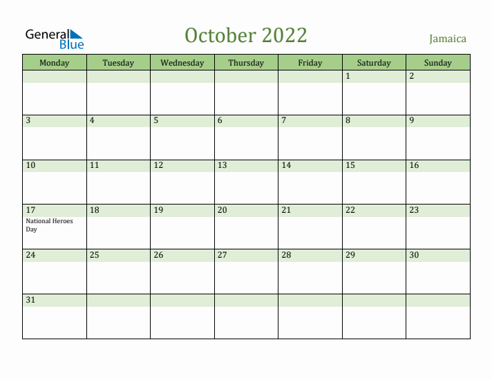 October 2022 Calendar with Jamaica Holidays