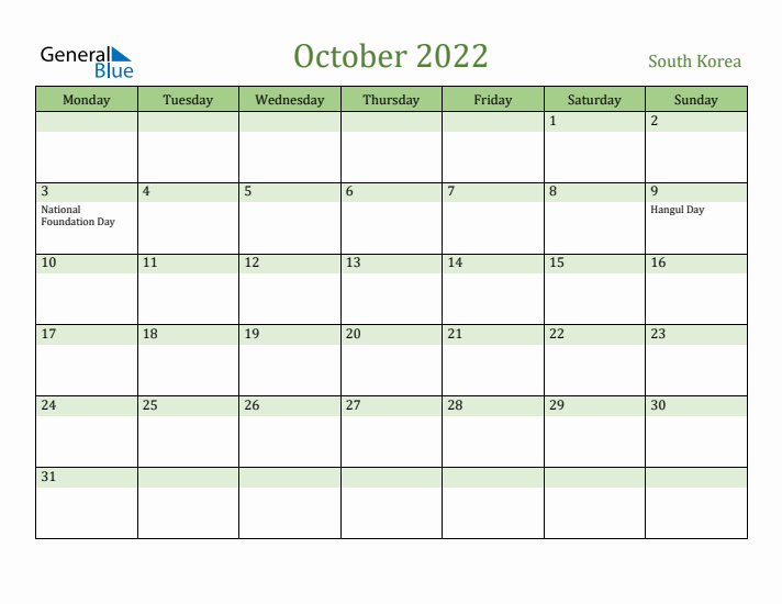 October 2022 Calendar with South Korea Holidays