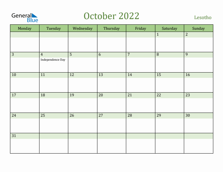 October 2022 Calendar with Lesotho Holidays