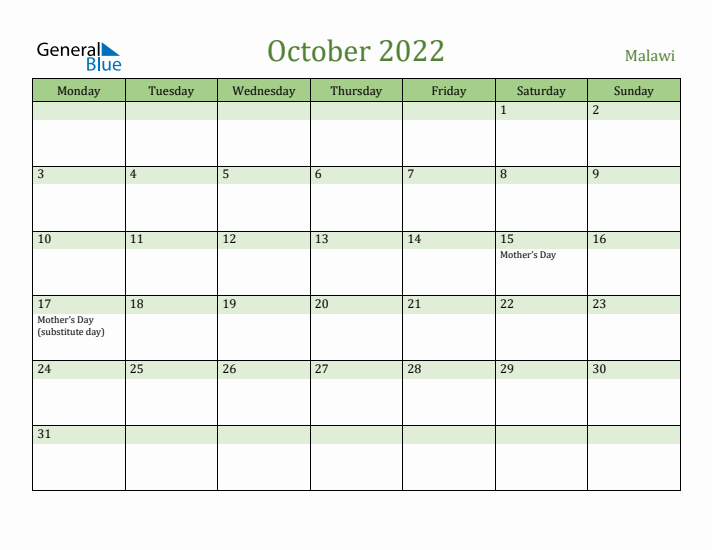 October 2022 Calendar with Malawi Holidays