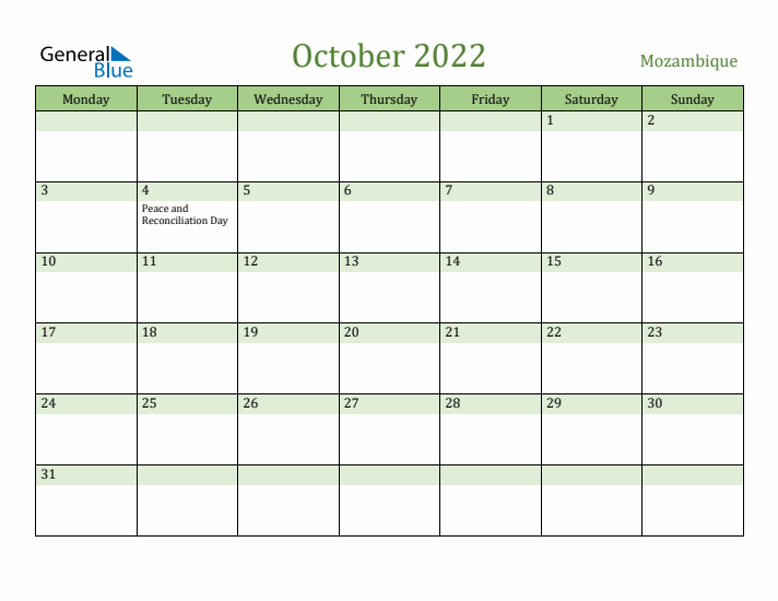 October 2022 Calendar with Mozambique Holidays