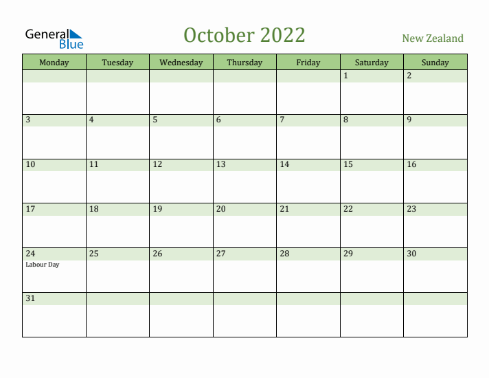 October 2022 Calendar with New Zealand Holidays