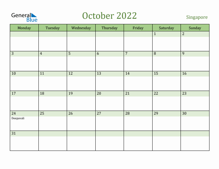 October 2022 Calendar with Singapore Holidays