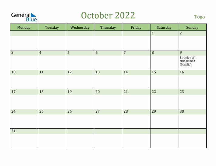 October 2022 Calendar with Togo Holidays