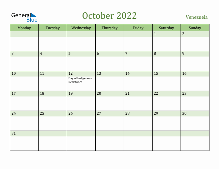 October 2022 Calendar with Venezuela Holidays