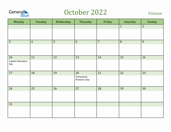 October 2022 Calendar with Vietnam Holidays