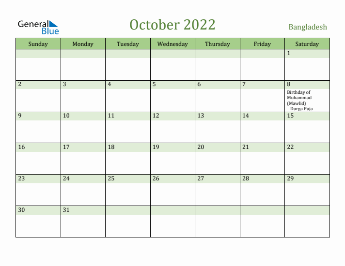 October 2022 Calendar with Bangladesh Holidays