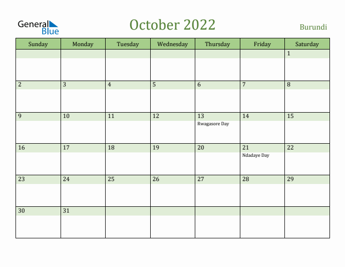 October 2022 Calendar with Burundi Holidays