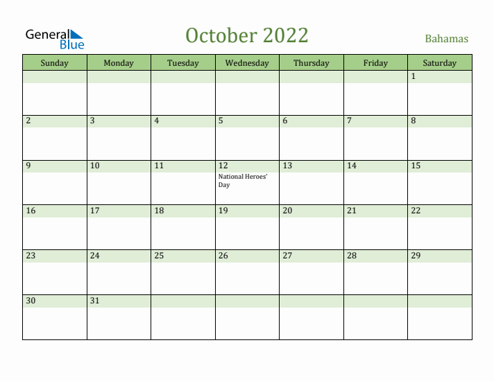 October 2022 Calendar with Bahamas Holidays