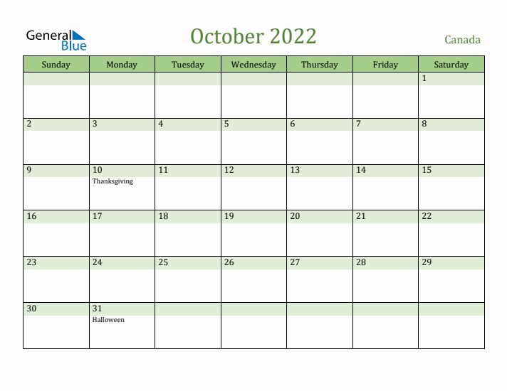 October 2022 Calendar with Canada Holidays