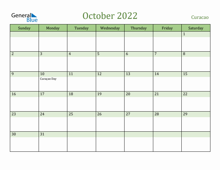 October 2022 Calendar with Curacao Holidays