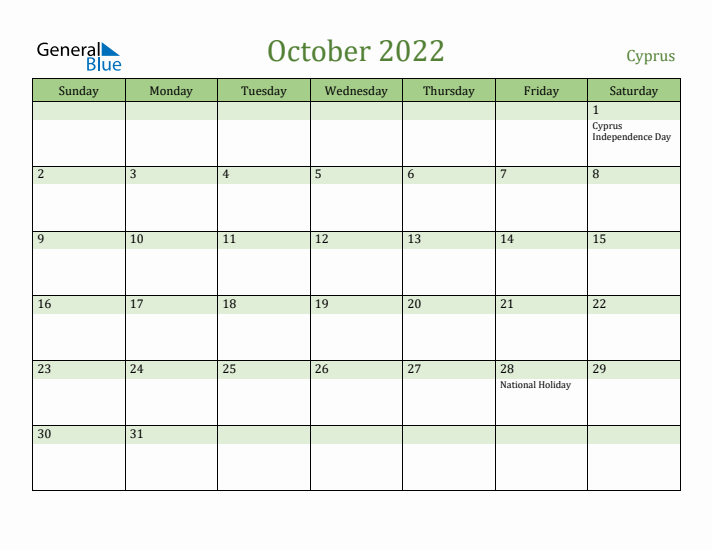 October 2022 Calendar with Cyprus Holidays