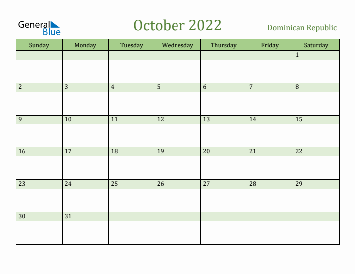 October 2022 Calendar with Dominican Republic Holidays