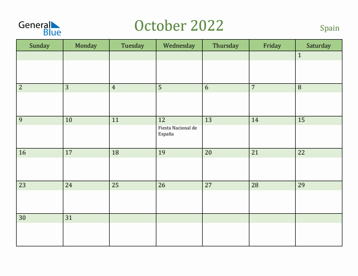 October 2022 Calendar with Spain Holidays