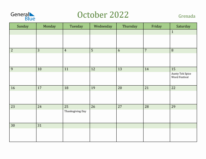 October 2022 Calendar with Grenada Holidays