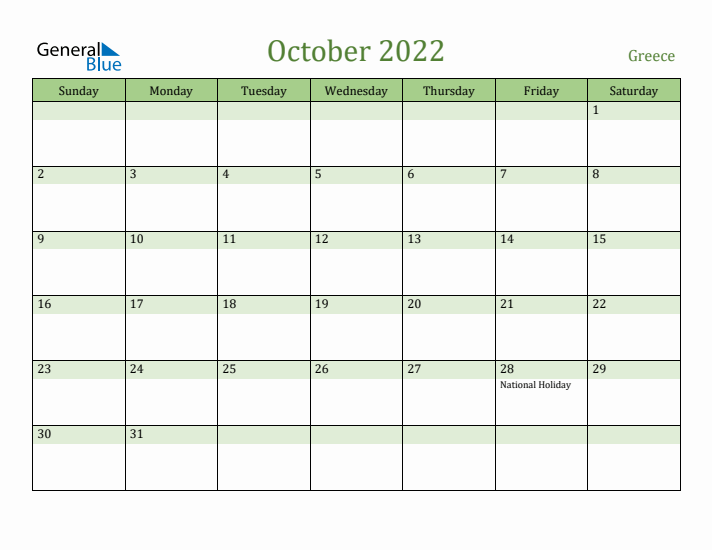 October 2022 Calendar with Greece Holidays