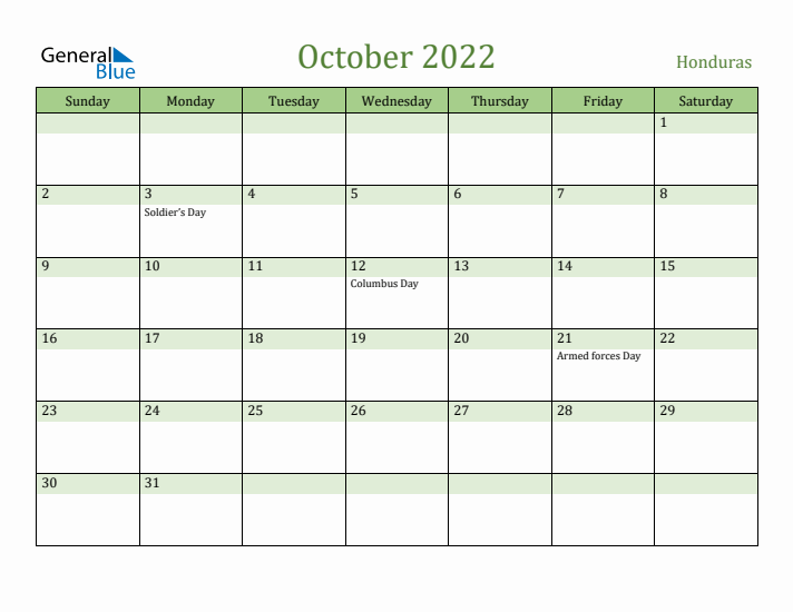 October 2022 Calendar with Honduras Holidays