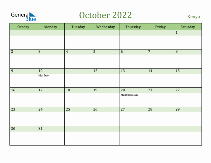 October 2022 Calendar with Kenya Holidays